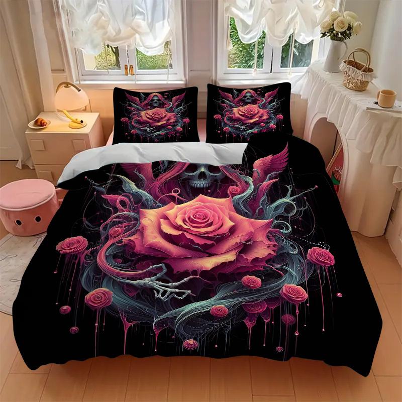 3pcs Gothic Rose Printed Quilt Set - Includes 1 Quilt Cover and 2 Pillowcases, Machine Washable - Suitable for All Seasons.W054