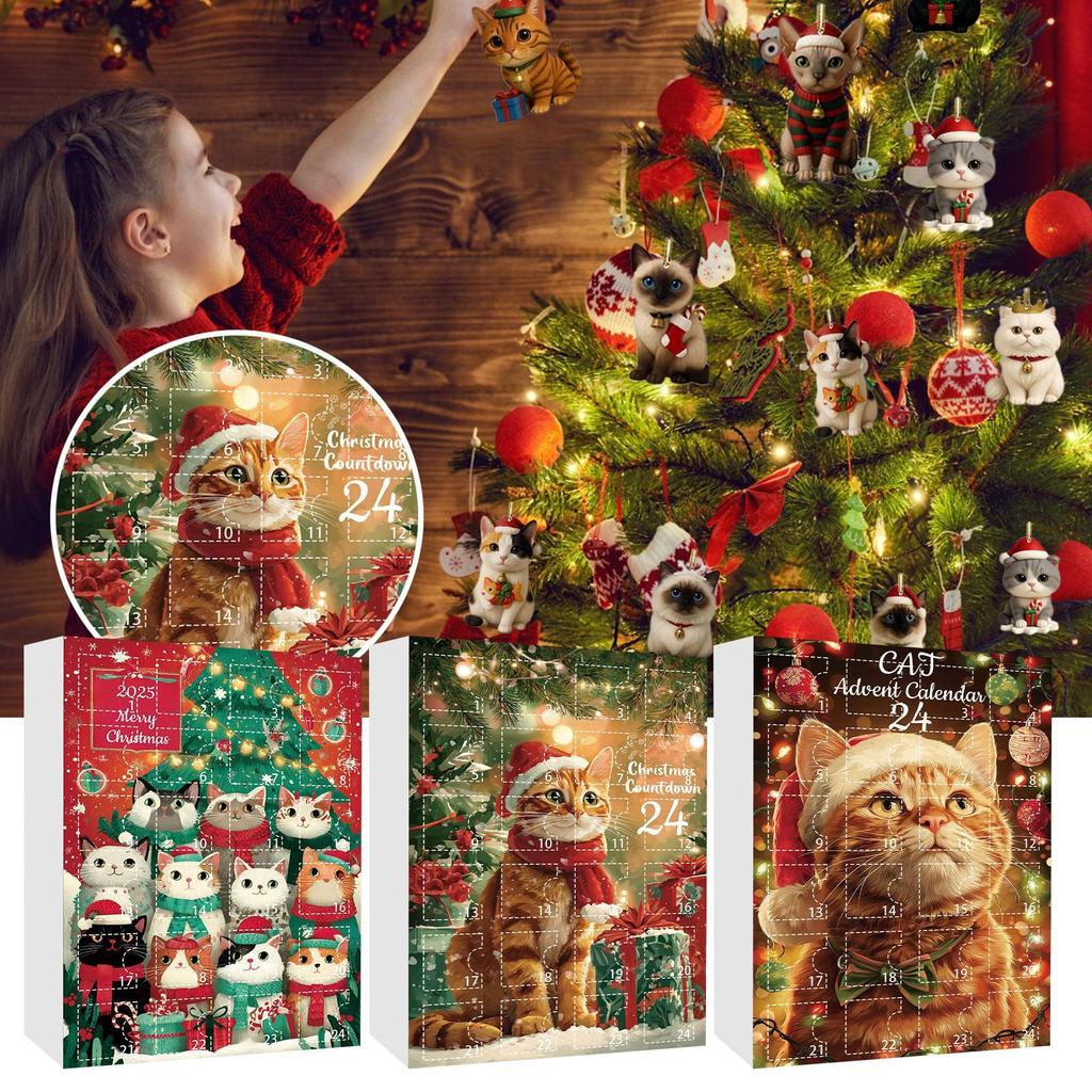 Cat Christmas Countdown Calendar Keychain 2D Acrylic Ornament Charm Advent Calendar Cute Cat Lover Gift Christmas Decorations