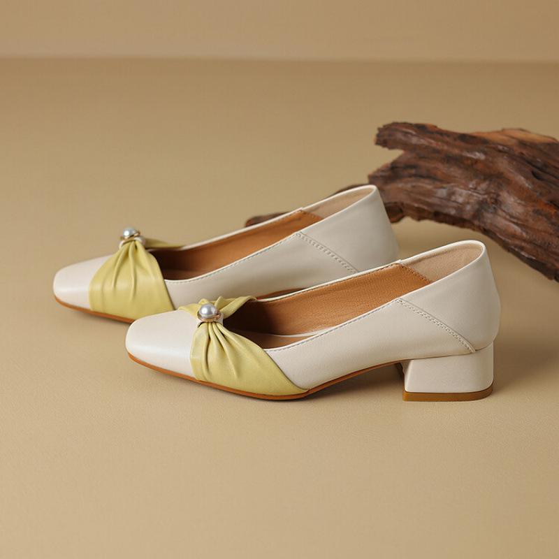 

New foot cover single shoes women s square head women s leather shoes low heel one pedal light mouth lazy shoes solid color square heel flat shoes 39