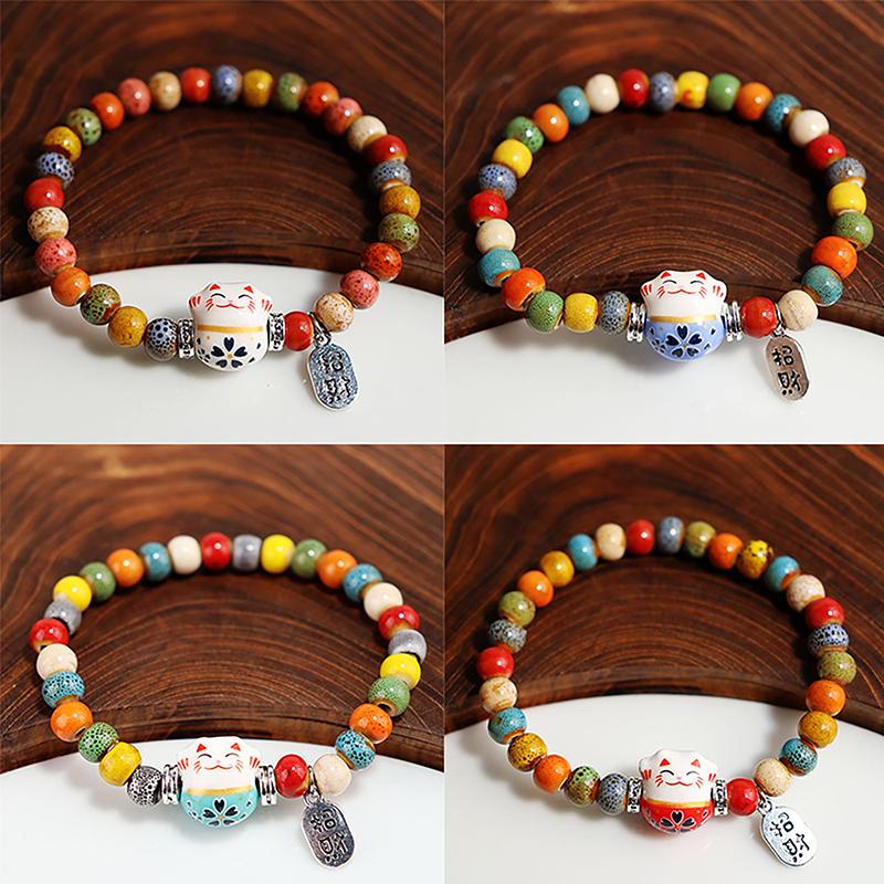 Süßes Glückskatzen-Armband für Frauen und Mädchen, verstellbar, bunte Perlenarmbänder, chinesischer Stil, Keramik, Katzenanhänger, Armband, Schmuck