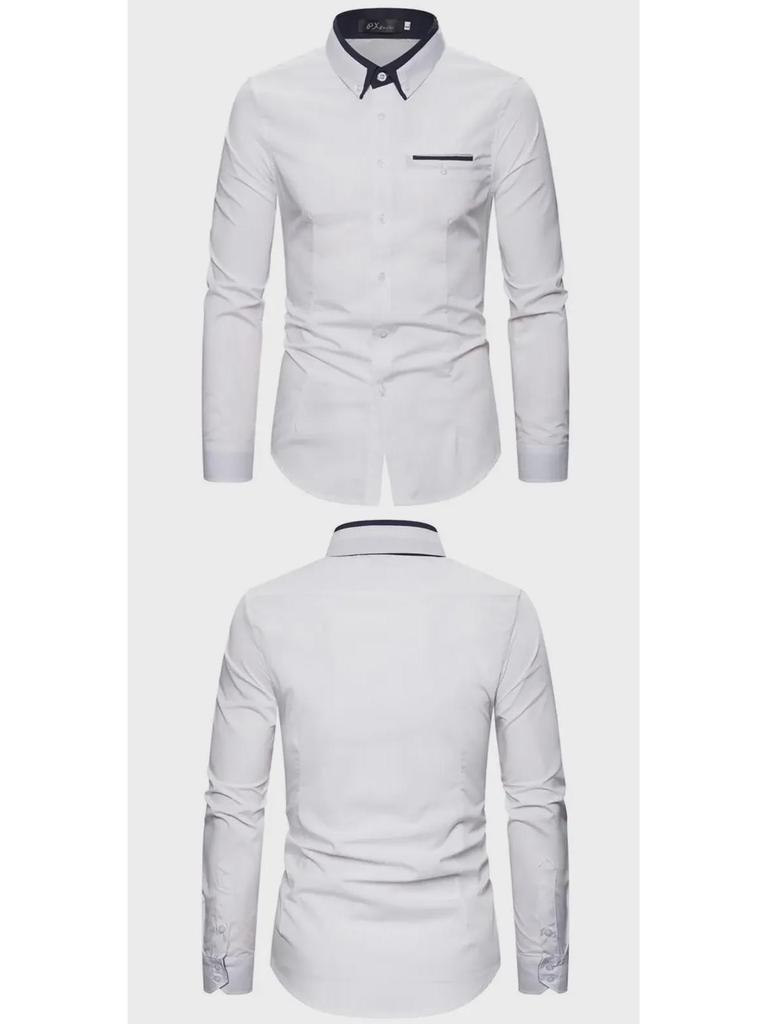 Men's Autumn Fashion Double Collar Solid Color Slim Fit Long Sleeve Shirt