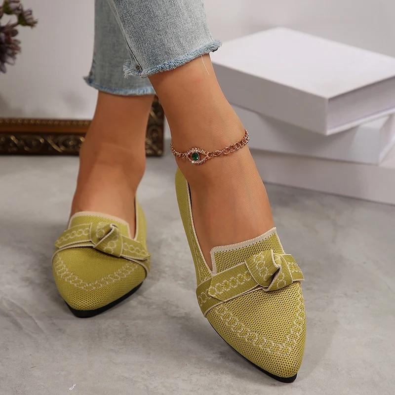 Fashion Rimocy Women Flats 2025 New Knitted Mesh Breathable Loafers Soft Comfort Pointed Toe Casual Shoes Trend Bow Decor Woman Shoes