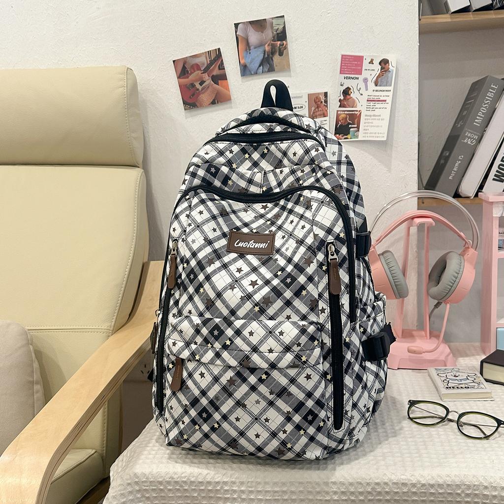 Schoolbag fashionable large-capacity backpack new casual plaid simple backpack junior high school students class commuting schoolbag