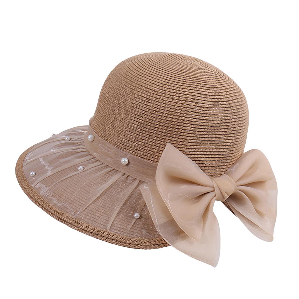 Back Bowknot Straw Sun Hats Women's Fashionable Mesh Pearls Wide Brim Sun Protection Beach Caps for Outdoor Travel Holiday