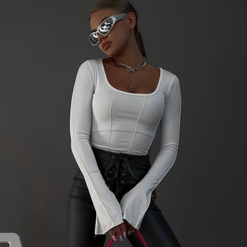 European and American women's clothing new square neck pullover slim-fitting long-sleeved knitted top T-shirt women's short