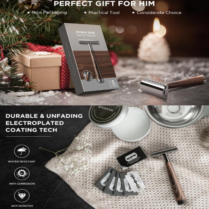 Double Edge Safety Razor, Faux Wood Zinc Alloy Handle Razor With 5 Stainless Steel Blades, Heavy Duty Eco-Friendly Razor