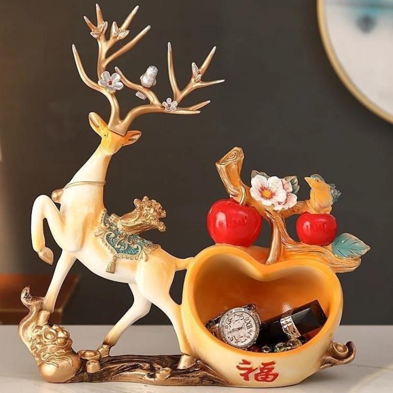 Deer Figurine Storage Ornament, Lucky Wealth Deer Decor for Desk & TV Cabinet