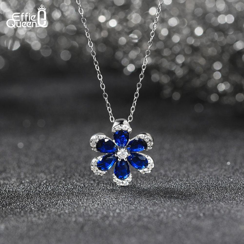 EFFIE QUEEN Blue Sapphire Flower Stud Earrings for Women Full Diamond Sparkling Zircon Wedding Jewelry Pure 925 Silver LZE21