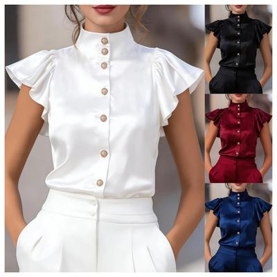 Women's Stand Collar Cap Sleeve Blouse Loose Fit Elegant Office Satin Shirt
