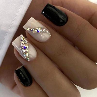 24Pcs/Box Black Glitter Powder False Nail Short Length Square Head French Fake Nails Full Cover Press On Nail Tips Manicure Tool