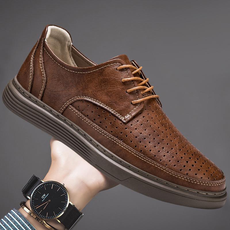 Fashion 2025 Big Size Leather Lace-up Casual Shoes for Men Air Cushion Platform Shoes with Perforated Design Comfortable Walking Shoes
