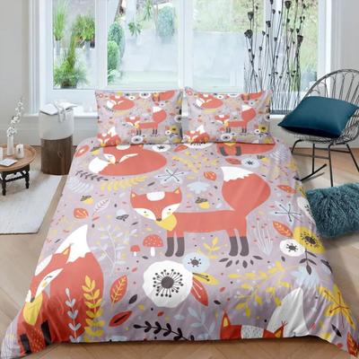 Cartoon Fox King Queen Duvet Cover Lovely Orange Animal Floral Bedding Set Kids Girls Flowers Plant 2/3pcs Polyester Quilt Cover