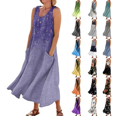 Women's Fashion Casual Print Sleeveless Cotton Linen Pocket Dress
