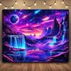 VIKAMA 1pcs Vibrant Fantasy Mountain Waterfall Galaxy Tapestry  Blacklight Reactive UV Glow Wall Hanging Decor