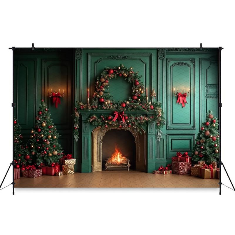 Mocsicka Christmas Photography Backgrounds Tree Decors Family Festival Party Photo Backdrops Green Wall Fireplace Pattern Banner