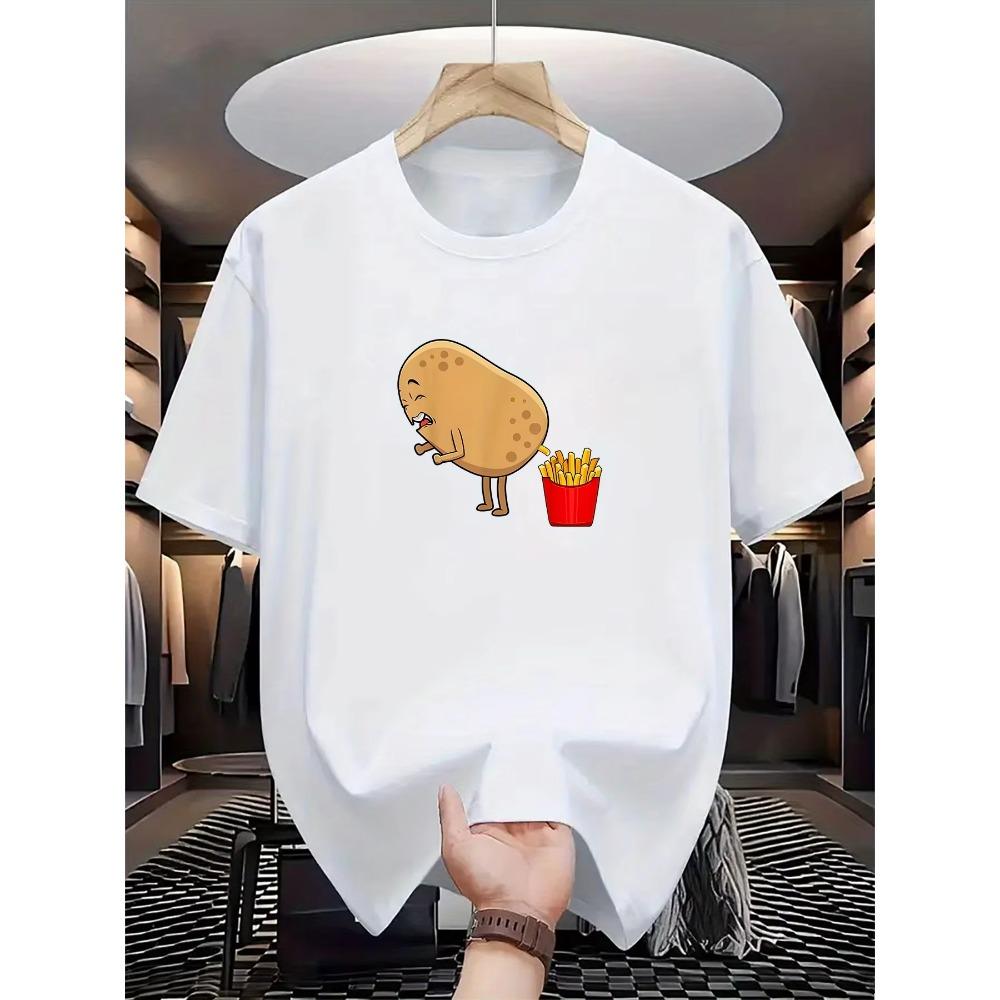 Men'S Women's Casual Crew Neck T-Shirt Polyester Knit Fabric Regular Fit Short Sleeve with Potato To French Fries Graphic