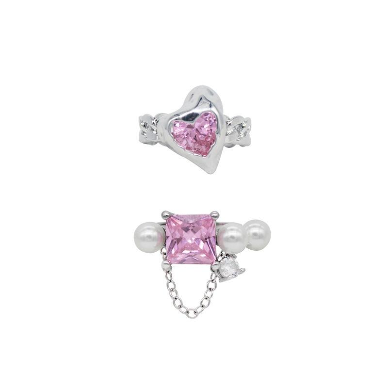 Geometric Stylish Korean Design Heart Shaped Pink Zirconia Open Ring In 925 Silver Sterling
