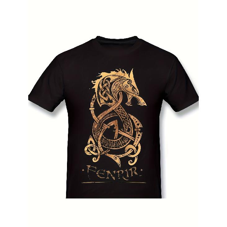 Men'S Norse Mythology Fenrir Graphic T-Shirt | Black & Golden Viking Wolf Design, Casual Streetwear, Crew Neck, Machine Washable, All-Season, Bold