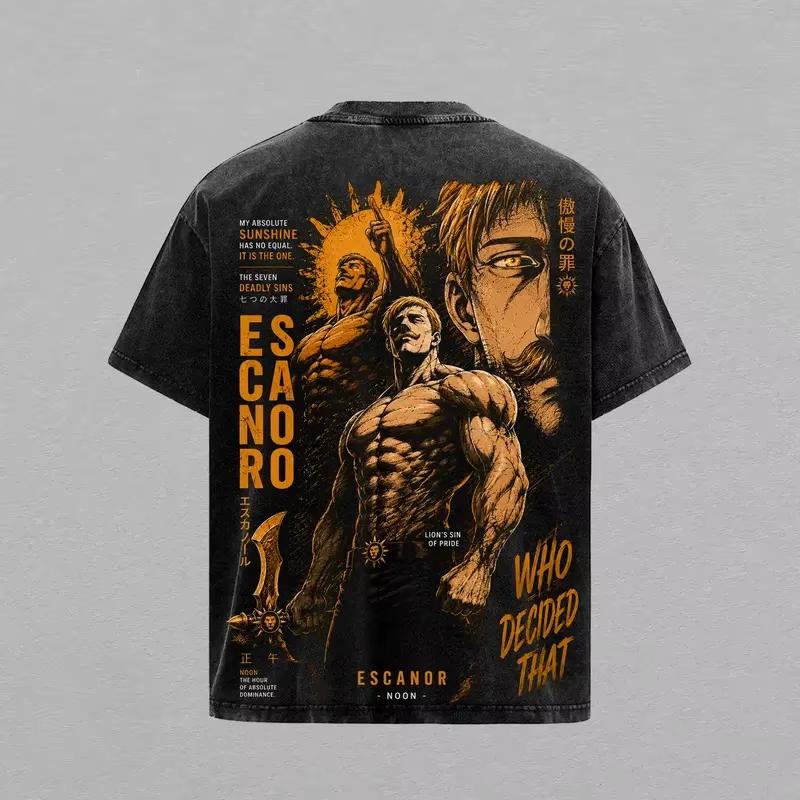 Escanor Os Sete Pecados Capitais Camiseta Mangá Vintage Lavada Camiseta Masculina Feminina Oversized Y2k Streetwear Harajuku Roupas Confortáveis Femininas Masculinas