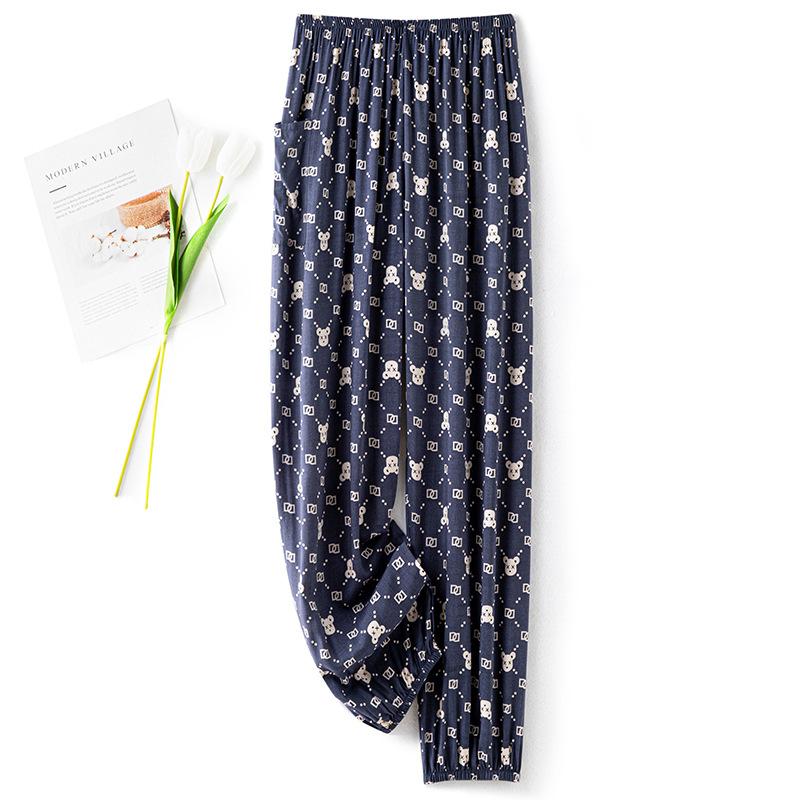 Pantaloni de pijama din bumbac mătase pentru femei, secțiune subțire de vară, anti-țânțari, pantaloni cu picior lat, culoare uni, pentru exterior, casă, petrecere a timpului liber, imprimeu, pantaloni de plajă până la genunchi