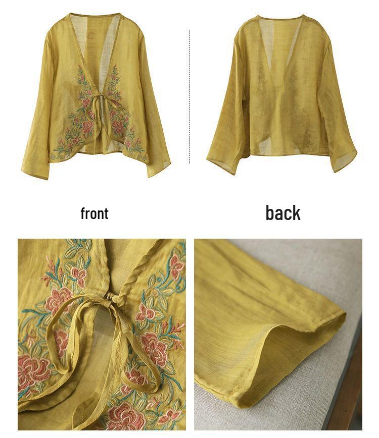 Women's 2024 Spring/Autumn Cotton Linen Retro Embroidered Blouse - Sunscreen Shawl Dress Shirt with Lace-Up Detailing.