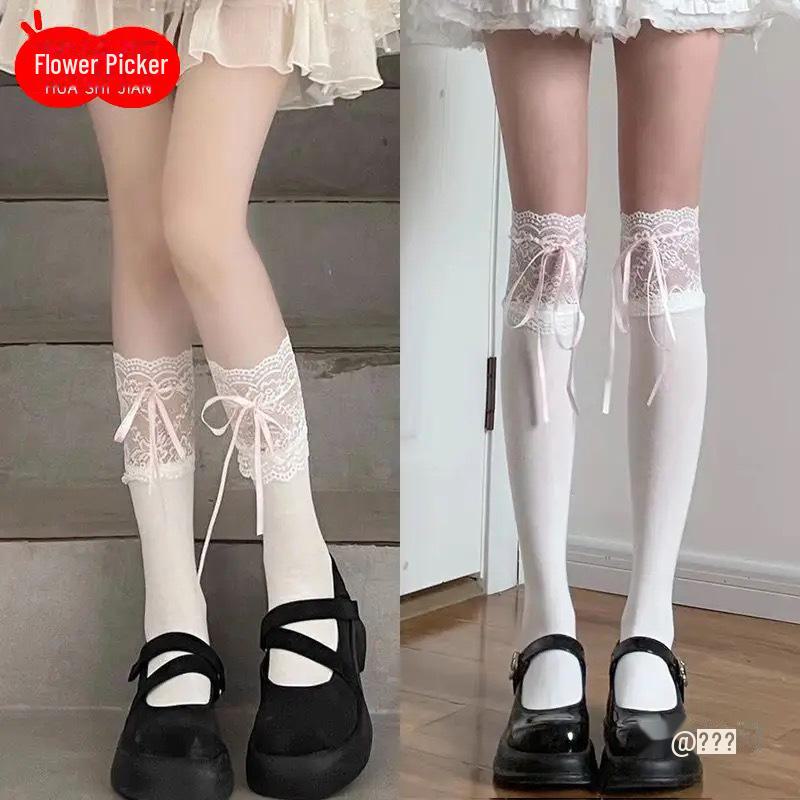 Mu Ruan Lolita Spitzen Kniestrümpfe mit blauer Schleife