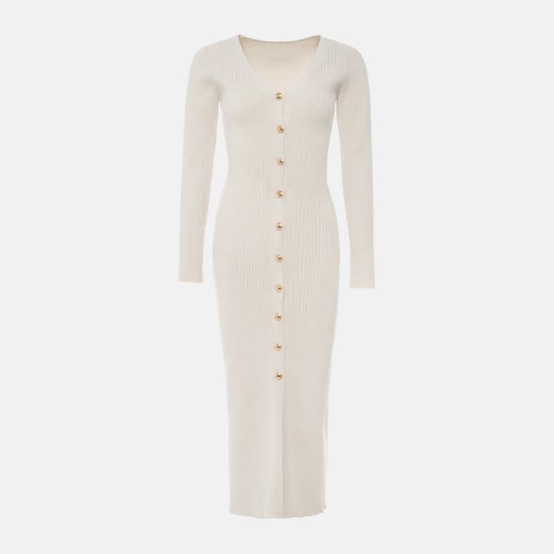 Casual Long Sleeve Knit Ribbed Dress Button Slit Female Sweater Cardigan Dresses Slim Solid Elegant Office Ladies Clothes
