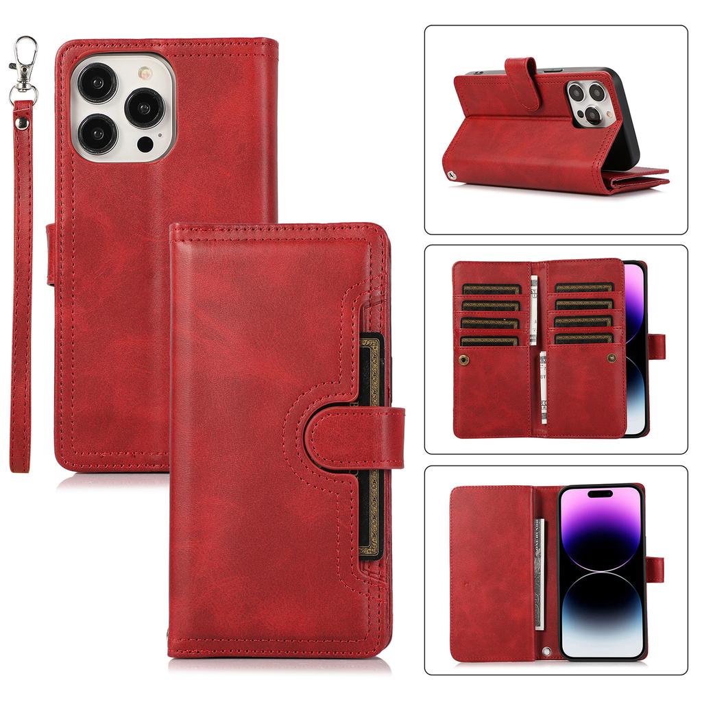 For iPhone 16 Pro Case Split Leather Magnetic Wallet Phone Protector with Wrist Strap