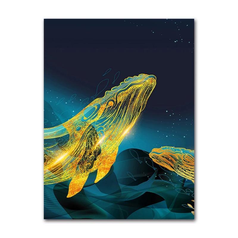 Afiș de pictură artistică cu balenă de aur și mare și poză de imprimare pe perete, terasa, decorare, pânză scandinavă, imprimare artistică cu ridicata