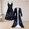 Women Plus Size Two Piece Set V Neck Strappy Flared Dress Long Sleeve Open Front Long Cardigan Printed Black Green Gold