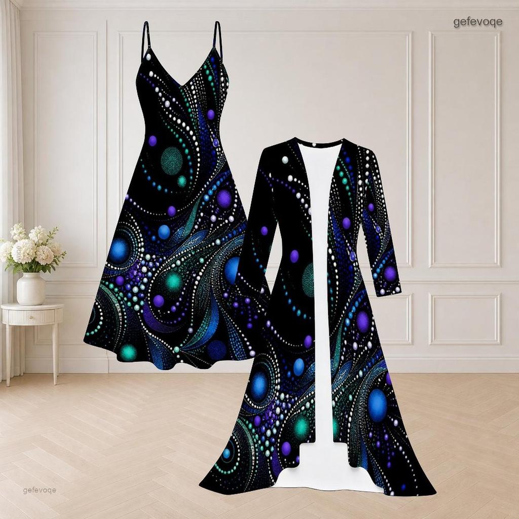 Women Plus Size Two Piece Set V Neck Strappy Flared Dress Long Sleeve Open Front Long Cardigan Printed Black Green Gold
