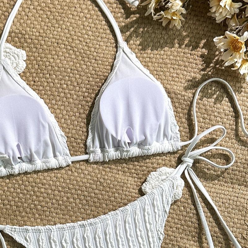 Women Fashion Sexy Lace Up 3d Stereo Flower Two Piece Bikini Swimsuit