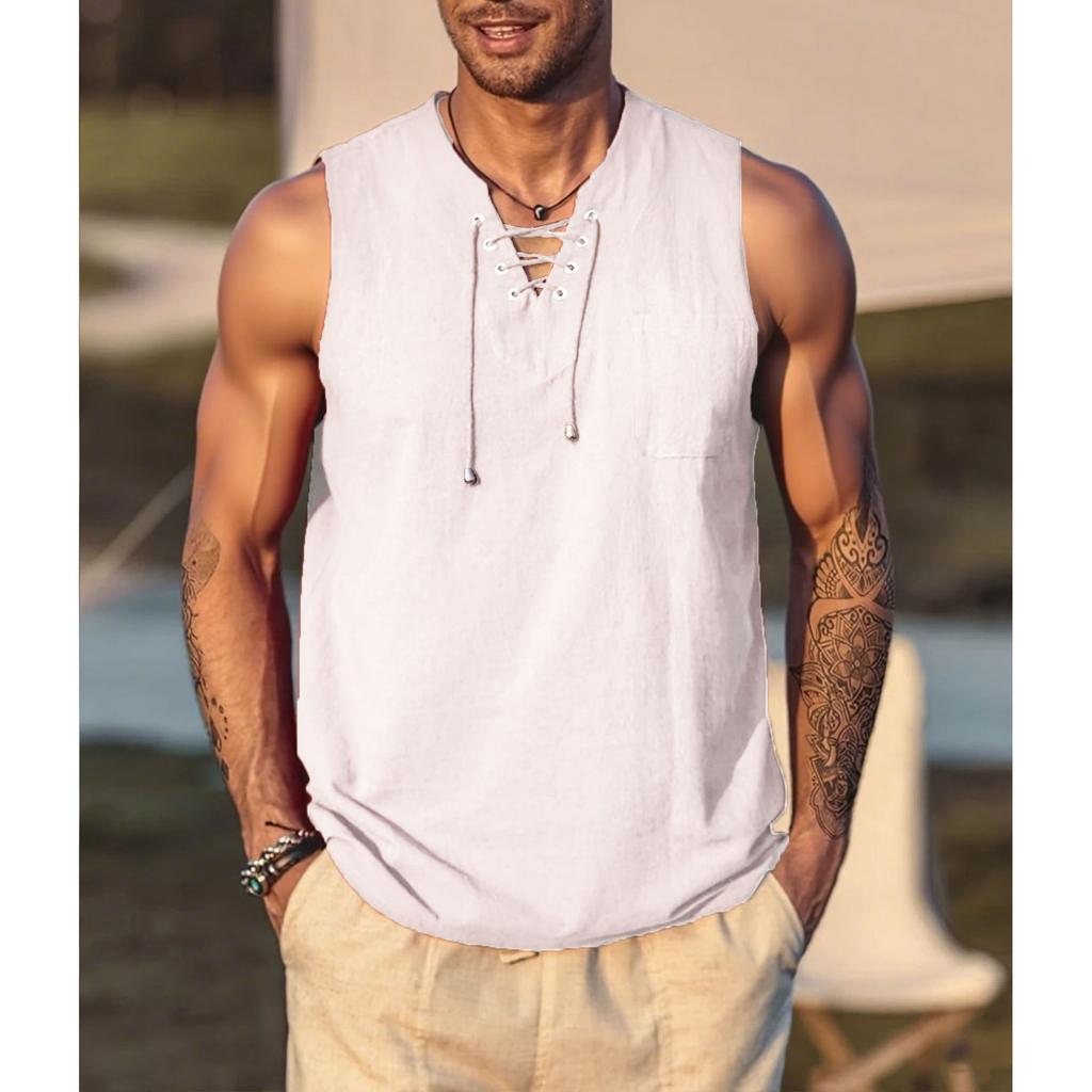 Cotton Linen Men's SleevelessT-shirt Vintage Lace Up V-neck Breathable Lightweight Vest Basic Style Male Casual Tank Tops