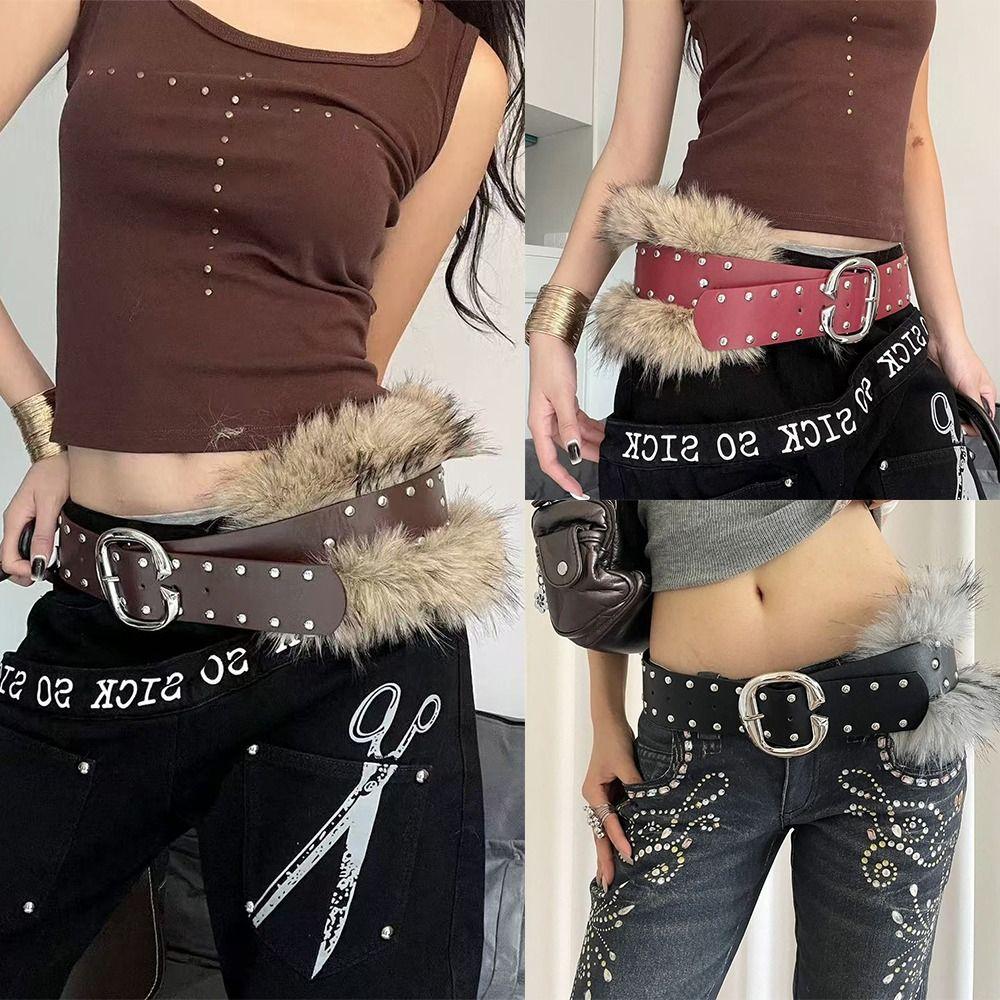 Leather Punk Style Belt Rivet Y2K Waist Belt Fashion Women's Wide Belt  Skirt