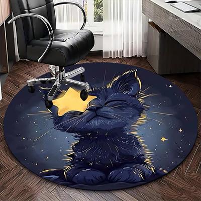 1pc Anime Design Round Carpet Starry Night Cat with Golden Star Chair Mat, Non Slip Rug for Office Chair, Home Decor, Living Room, Bedroom, Game Room