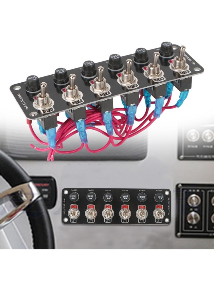 Rockers Switch, 6 Gang Round Rockers Switch Panel, Waterproof Easy-to-Install 12V 24V Switch 10A Fuses for Boats RVs