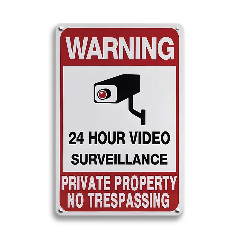 Vintage Tin Sign Retro Warning Metal Sign Video Surveillance Signs No Trespassing Sign Poster For Garage Home Man Cave Wall Deco