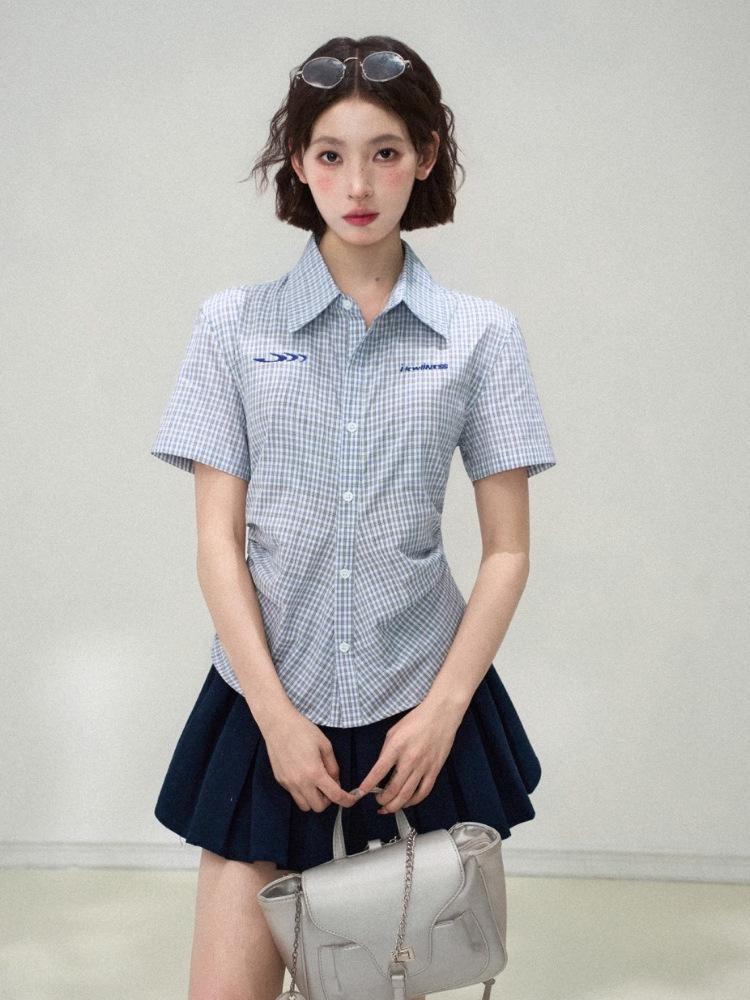 Damen Slim Fit Cropped Blau kariertes Kurzarmhemd, Sommer 2026