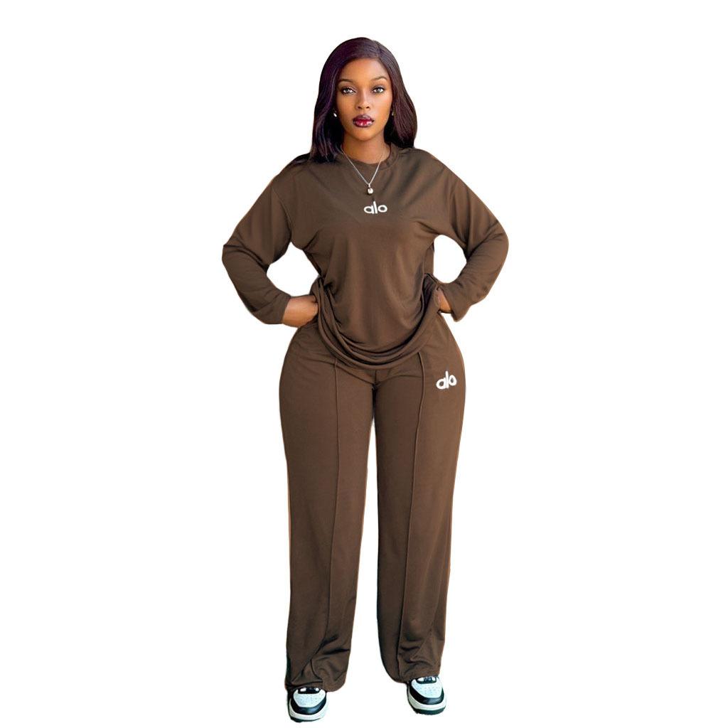 Women's Letter Print Long Sleeve Tracksuit Set Casual Loose Fit Pullover and Wide Leg Pants