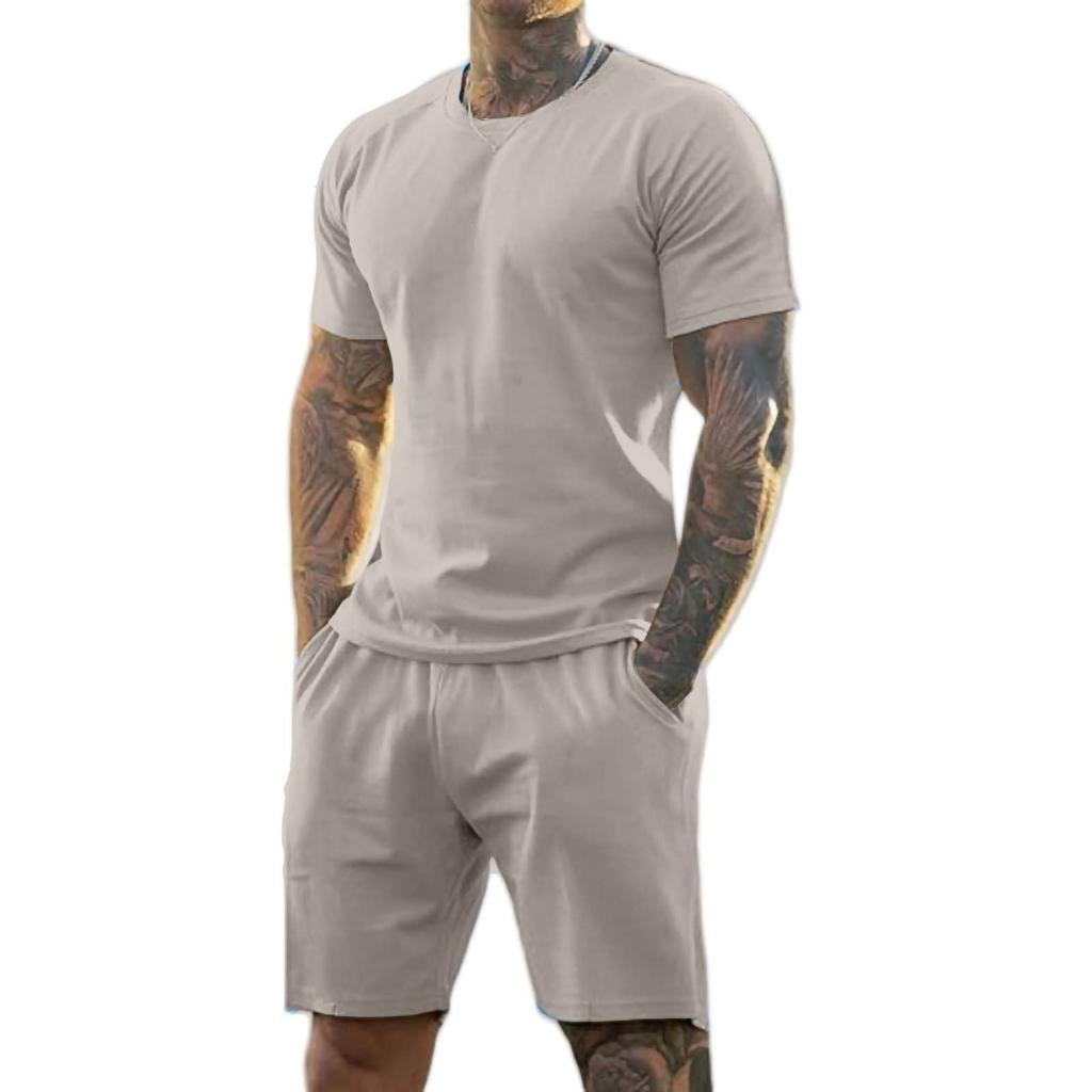 Men's Solid Color Shoulder Short Sleeved Shorts Breathable Men's Casual 2-piece Set