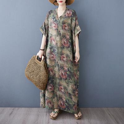 Summer Literary Plus Casual Loose Print V-neck Short Sleeved Dress