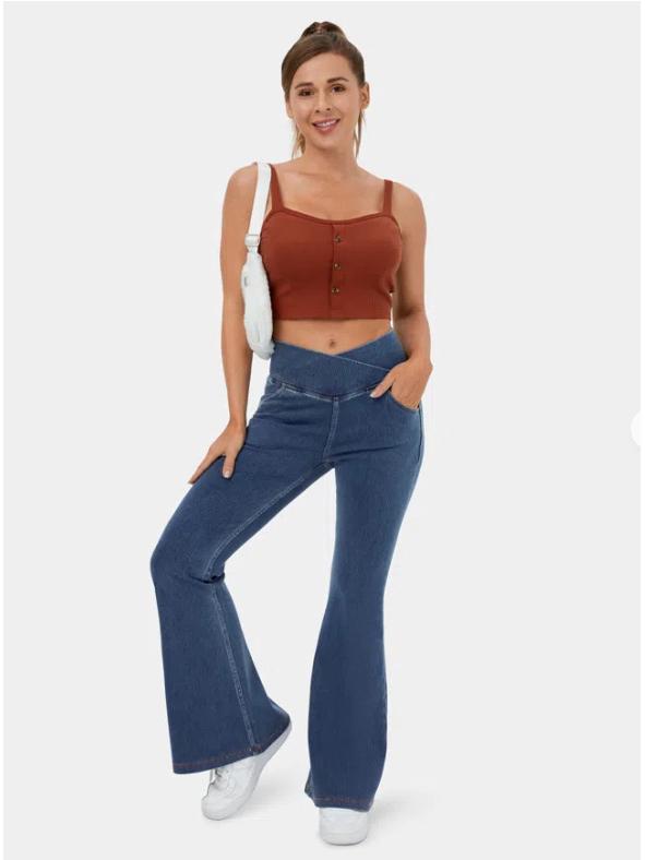 2024 Women's Plus Size Flare Yoga Pants - High Elastic Denim with Antibacterial Fabric