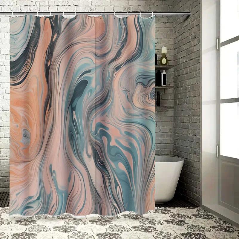 Marble Shower Curtain Blue and Orange Striped Bathroom Decor for Home Improvement W90xH180cm