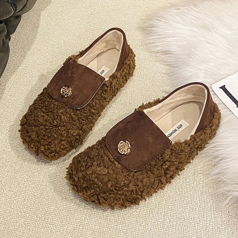 

Французские ретро туфли на толстой подошве из овечьей шерсти женские осенне-зимние 2025 новые теплые и бархатные хлопковые туфли феи 40