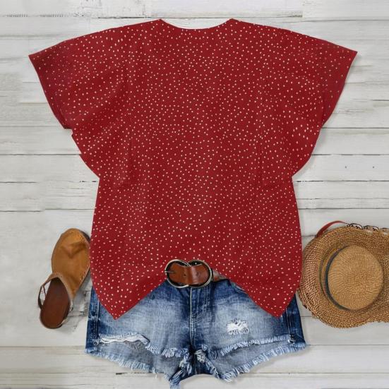 Damen Shirt V-Ausschnitt Rüschen Kurzarm Pullover Tops Lockere Passform Punkt