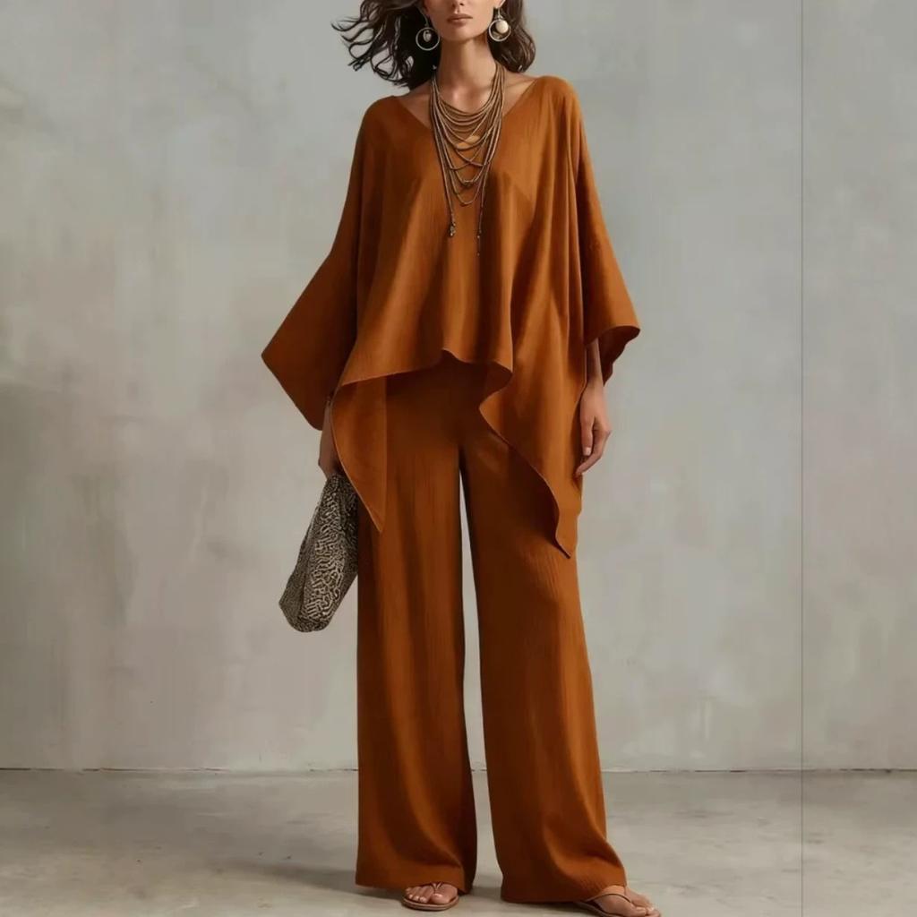 Womens V Neck Loose Fit Top with Wide Leg Pants Set Multi Colors