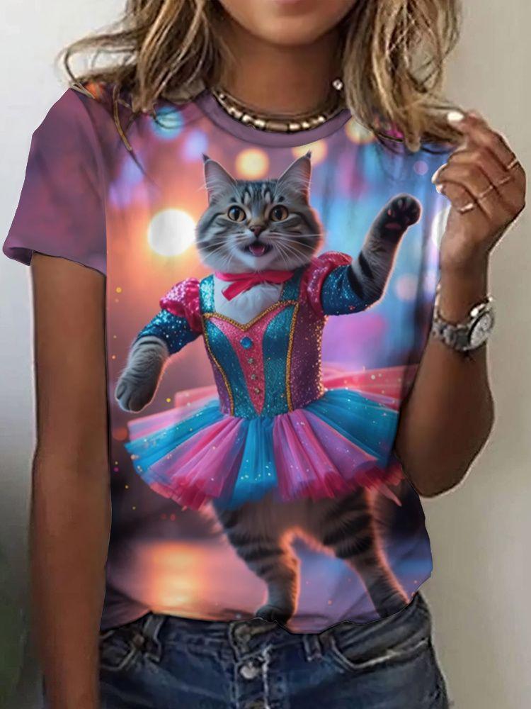 Summer Cute Cat Dances Ballet T-Shirts 3D Print Women Men Short Sleeve Round Neck T Shirt Tees Harajuku Y2K Tops Unisex Clothing