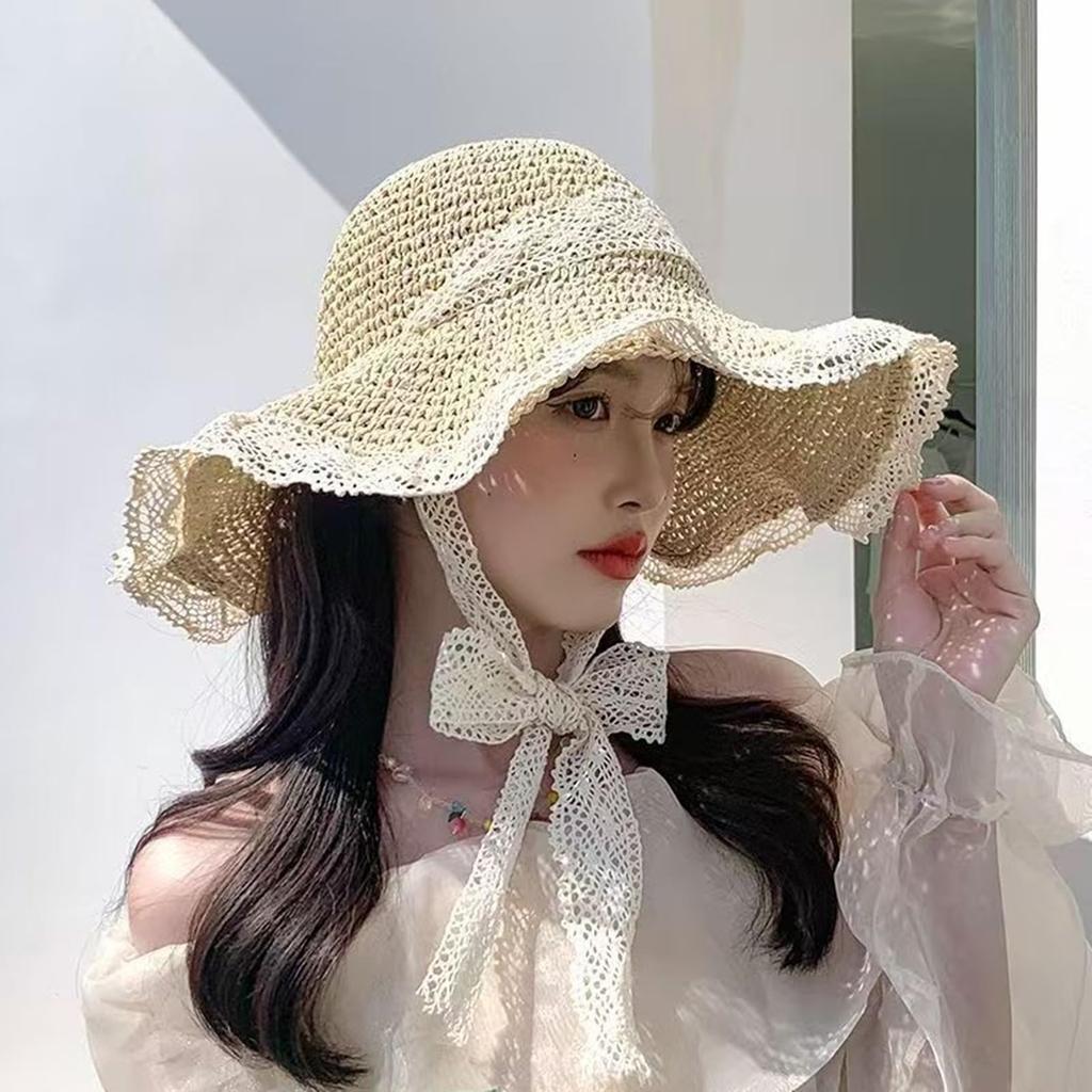 Straw Hat with Lace and Strap UV Sun Beach Resort Hat [Lamerry] Women's - Protection, Protection, Farming, Gardening, Hat,