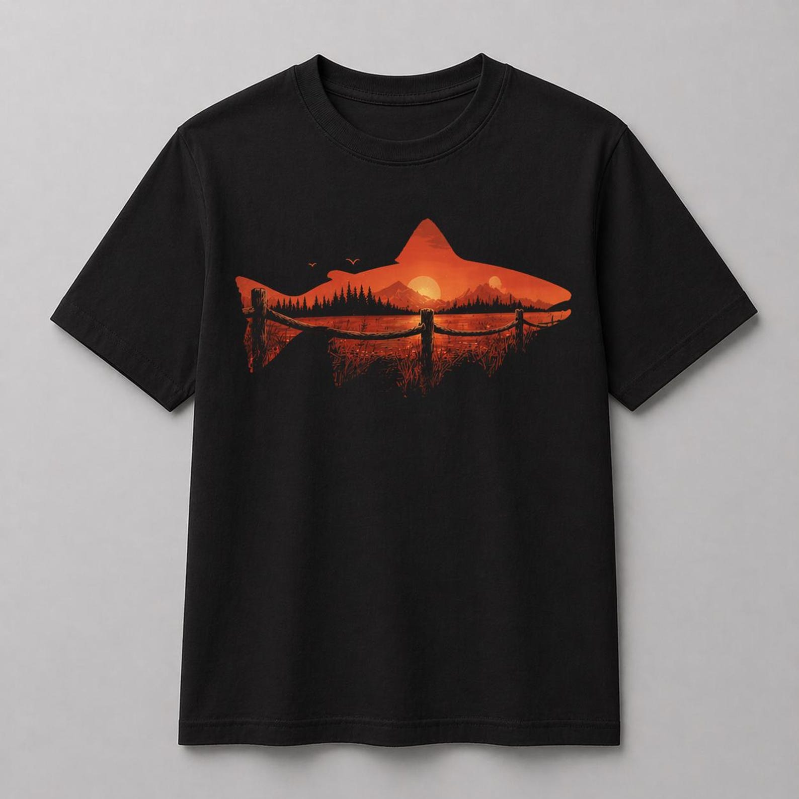 Sunset Fish Silhouette Nature Graphic T-Shirt – Outdoor Lake & Mountain Scene Tee 2XL