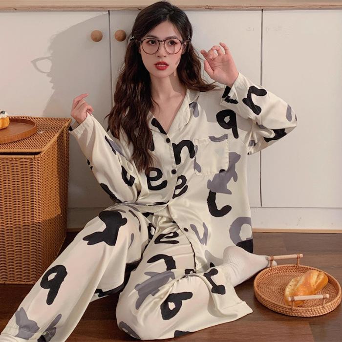 

Women s New Pajamas Two-Piece Women s Spring and Autumn Models of Casual Homewear Pajamas Simulation Silk Pajamas Homewear Set M